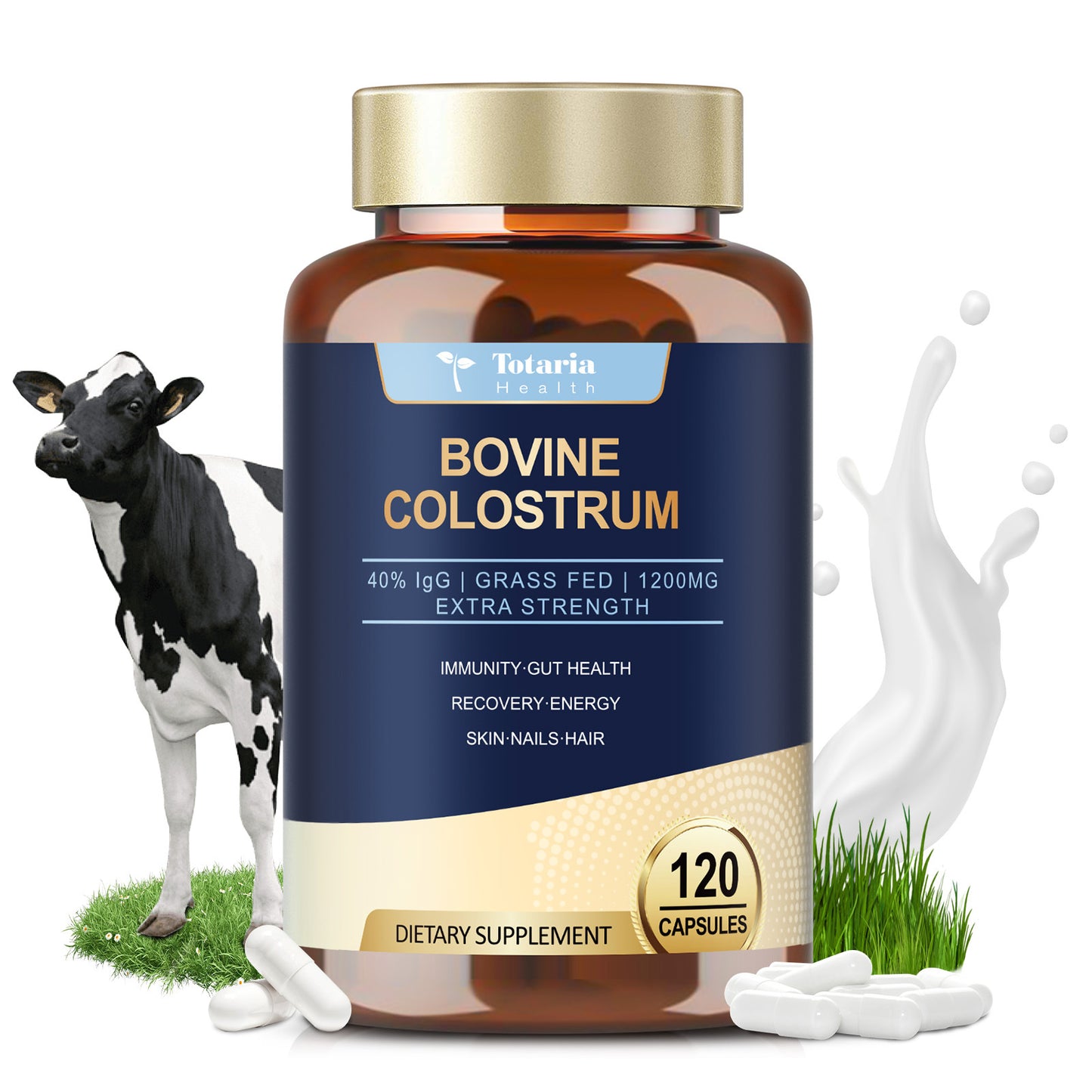 Premium bovine colostrum capsules - 1200 mg, 40% IgG - 120 capsules