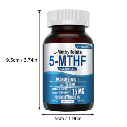 L-5-Mthf Methyl Folate Supplement, 15mg - Active Folic Acid for Better Absorption (60 capsules in a 2 bottle)