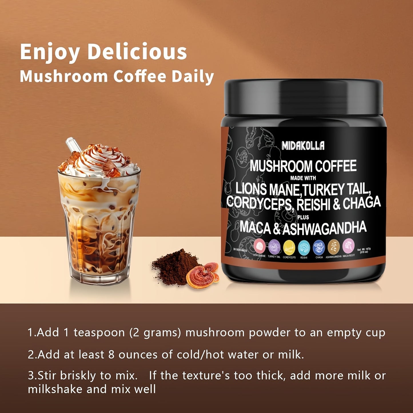 Coffee Blend Lion's Mane Mushrooms, Turkey Tail Mushrooms, Reishi, Birch, Shiitake Mushrooms 3.7oz (105g) 1/2 Bottles