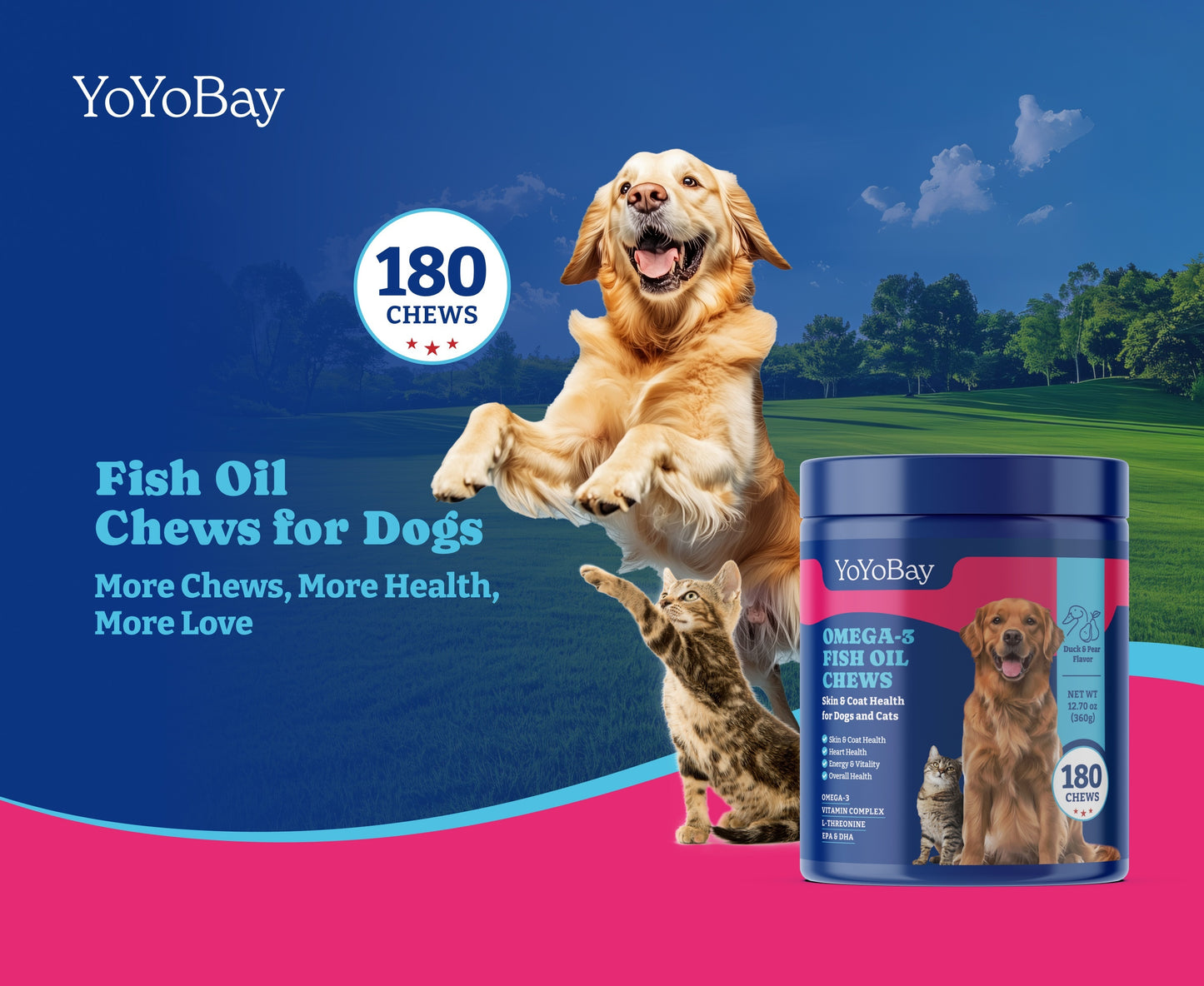 Fish Oil Chews for Dogs and Cats, Rich in Omega 3, 6 and 9 EPA and DHA - 180 Soft Chews, Duck and Pear Flavor