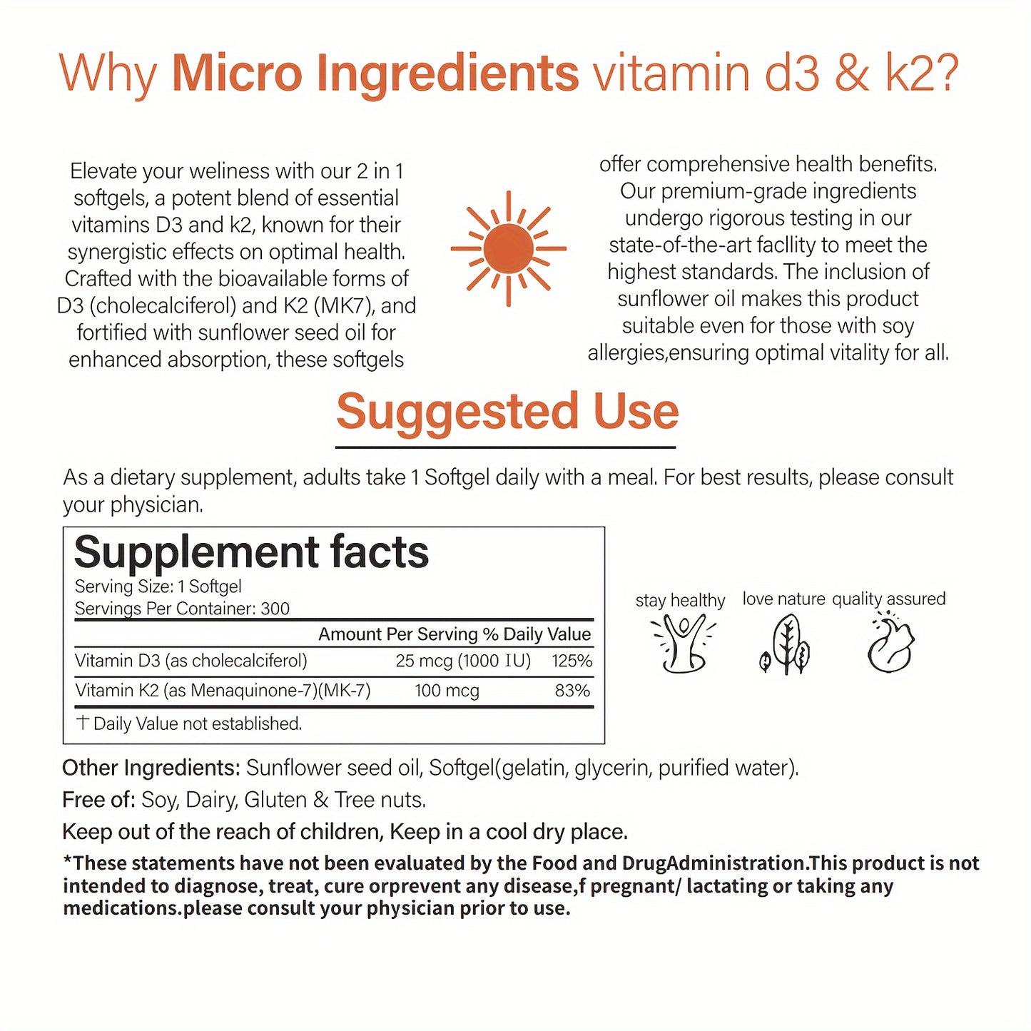 Vitamin D3 1000 IU plus K2, vitamin D3 with vitamin K2, 300 capsules