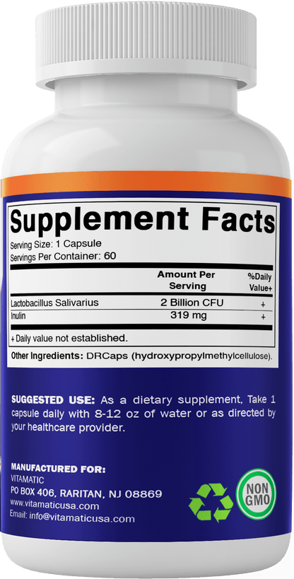 Lactobacillus Salivarius 2 billion per capsule DR - 60 units - Made with prebiotic inulin fiber