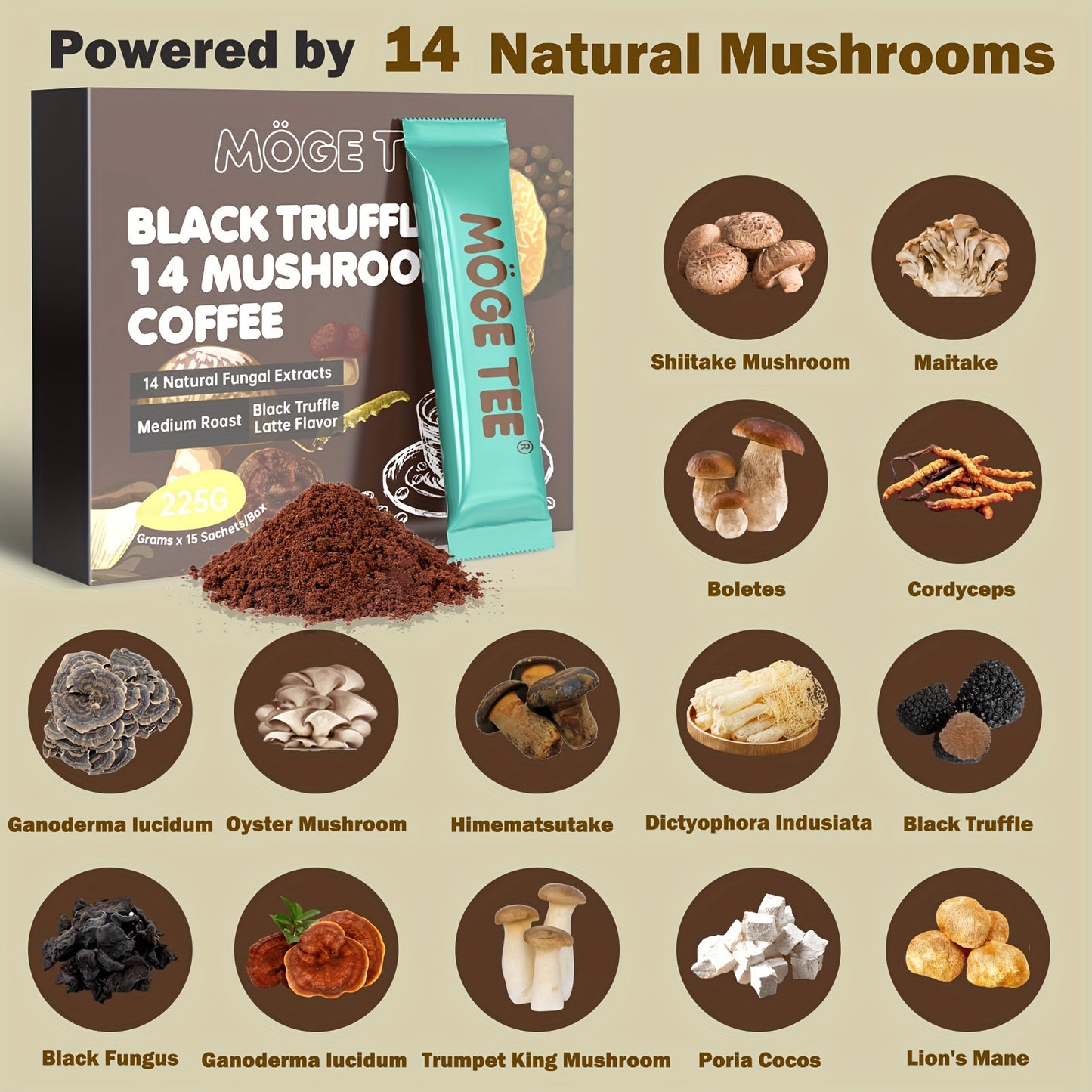 Instant Coffee 14 Flavor Black Truffle Latte, with Mushroom, Arabica Coffee, Gluten Free and Sugar Free, 8OZ (15 Packs)