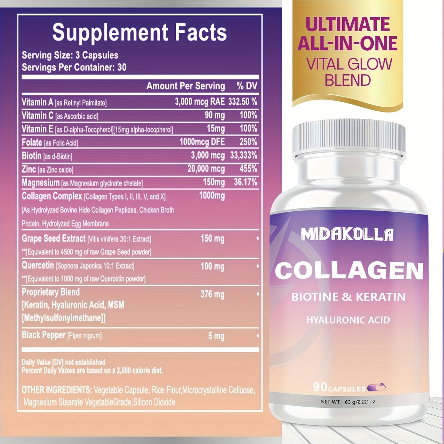 Ultimate Beauty Boost: Collagen with Vitamins and Hyaluronic Acid - 90 Capsules