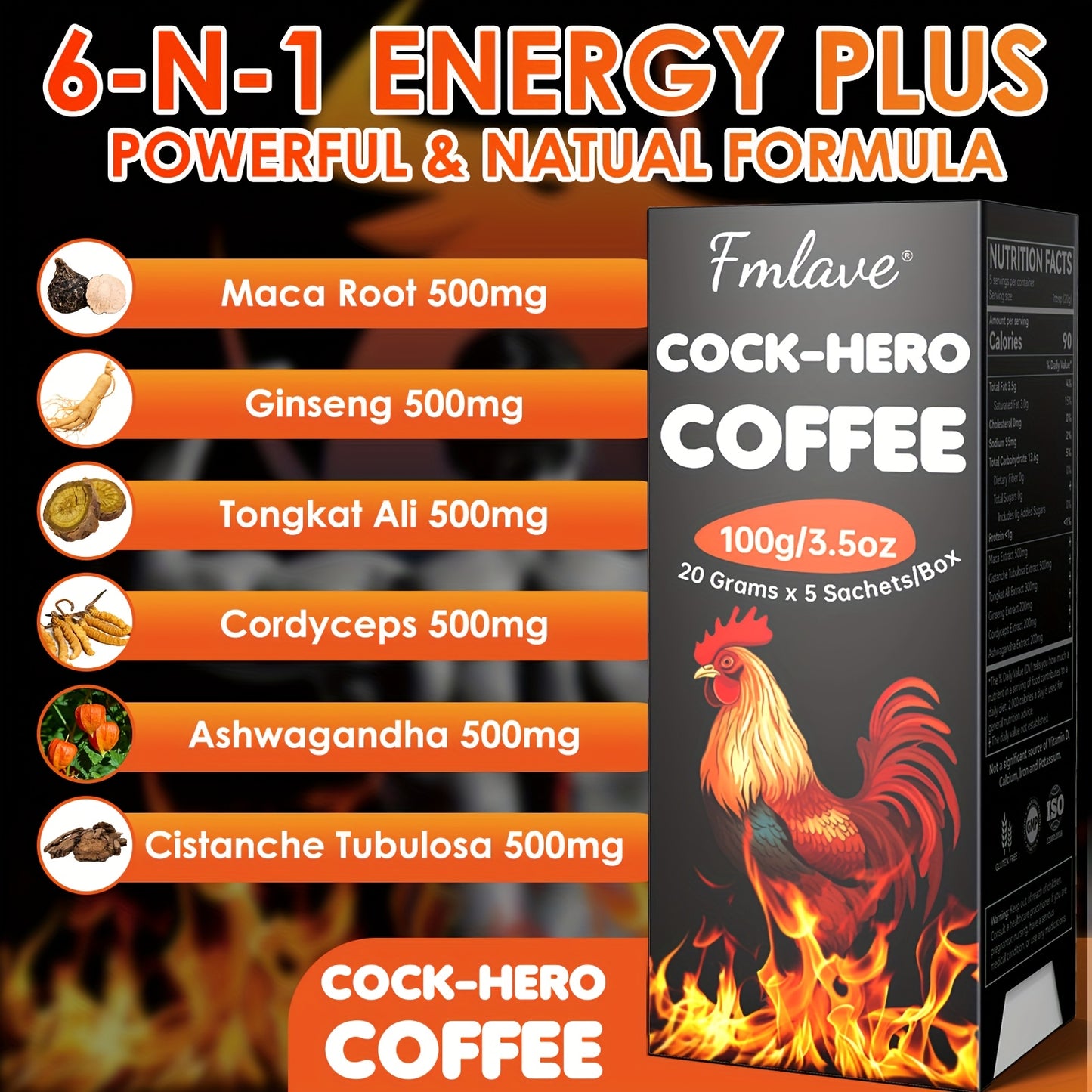 Cock Hero Coffee, Arabica Coffee Powder with Maca Root, Tubular Cistanche, Tongkat Ali, Ginseng, Cordyceps, Ashwagandha 3.5oz, 5 Packets