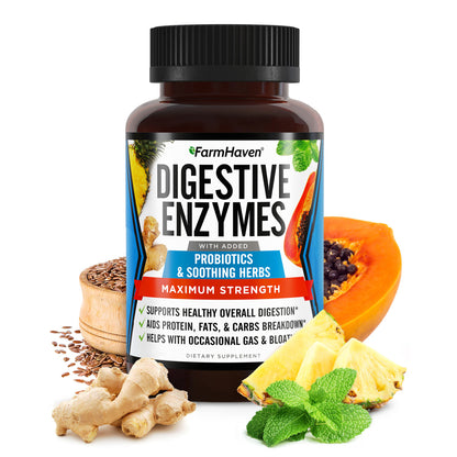 Digestive Enzymes with 18 Probiotics and Herbs Papaya, Bromelain, 60 Capsules